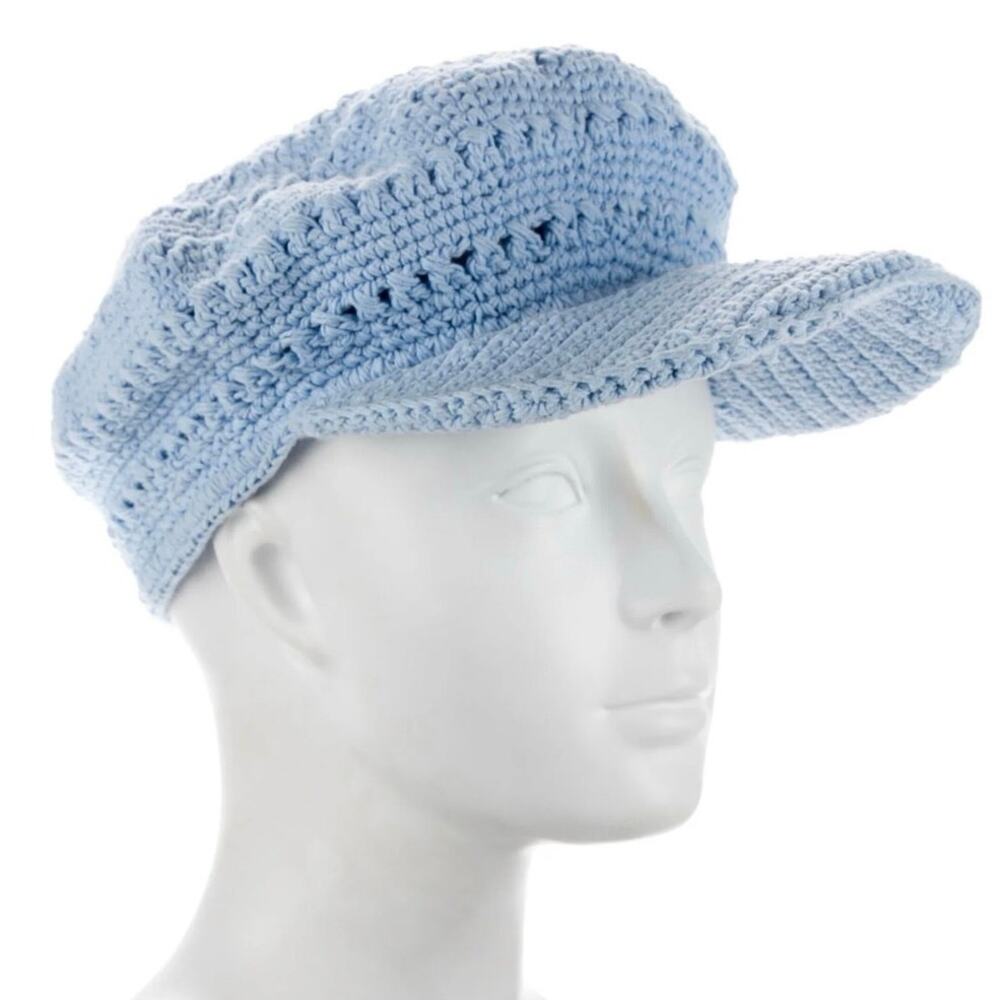 AKOIA SWIM Crochet Knit Blue Brim Newsboy Hat Cotton Bali Women's Boho Beach